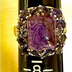 Ring w/Russian Charoite & Iolite 925 Silver sz 7 cluster guc